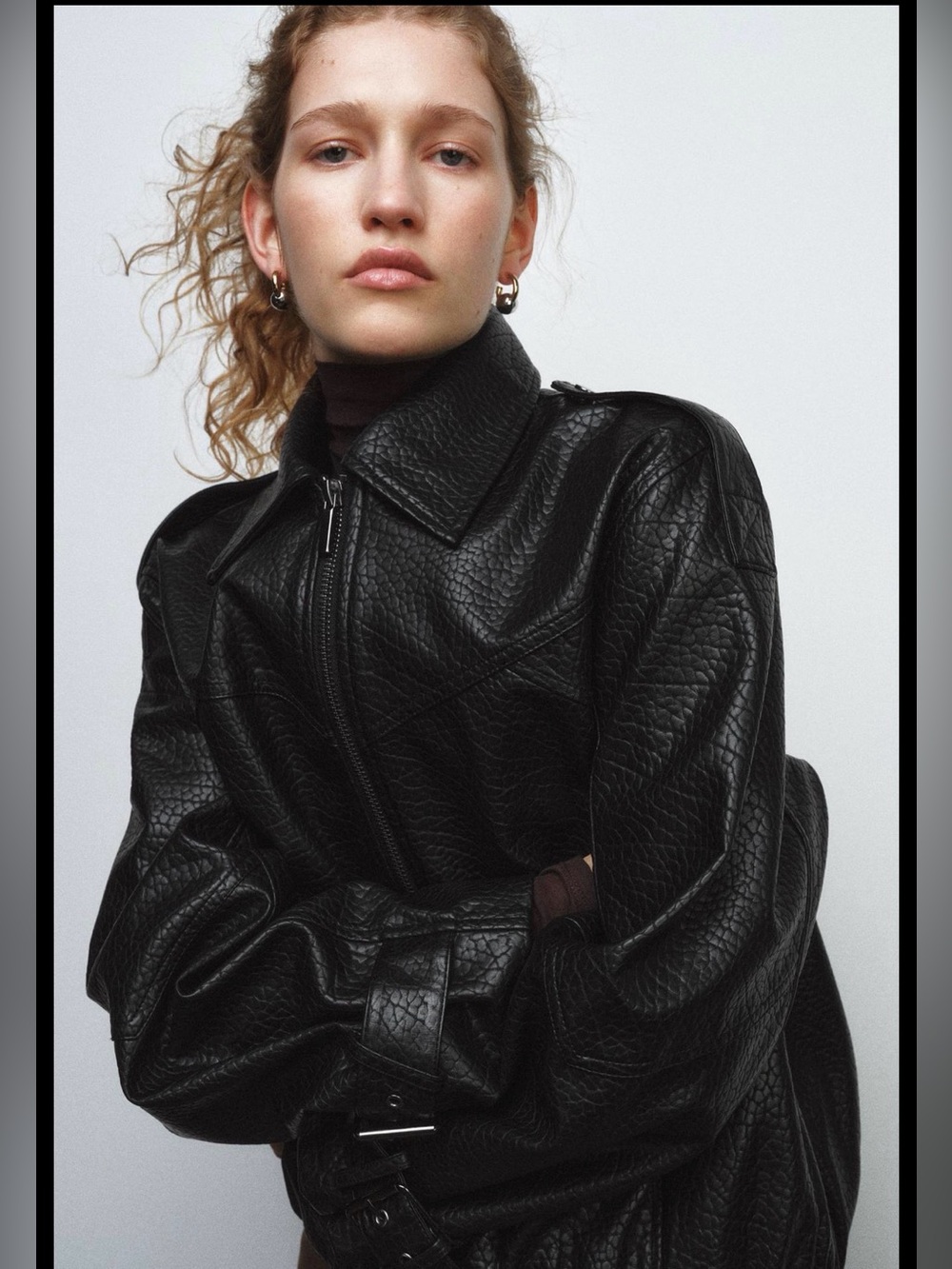 Zara ZW Collection Black Faux Leather Bomber Jacket Detachable Fur Collar